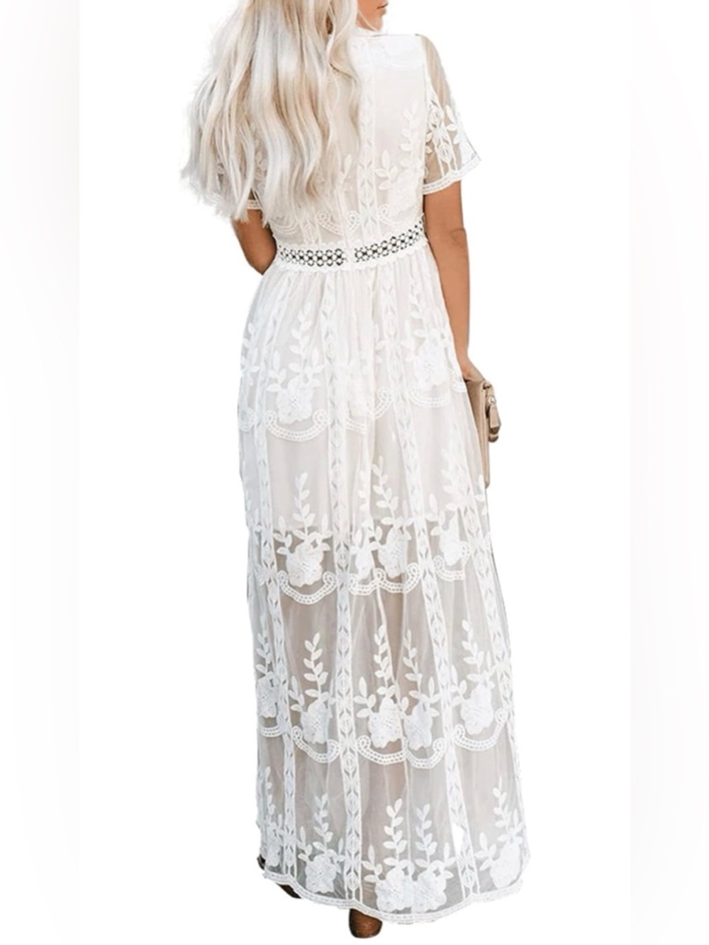 NWOT Deep V Neck Short Sleeve Floral Lace Dress Long Bridal Shower Maxi Dresses - Picture 3 of 15